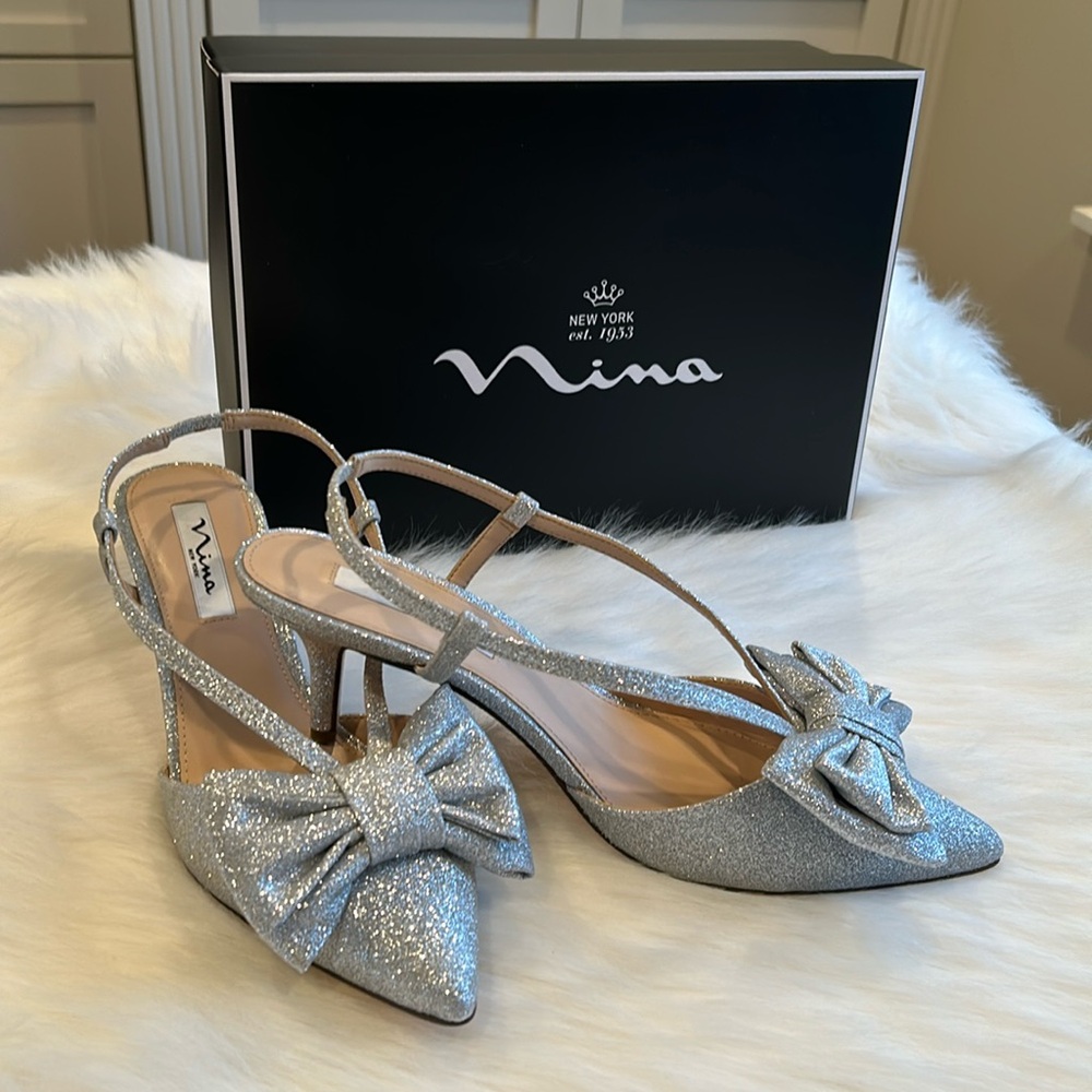 NWB Nina Bow-Topped Silver Sparkle Slip on Strap Heels